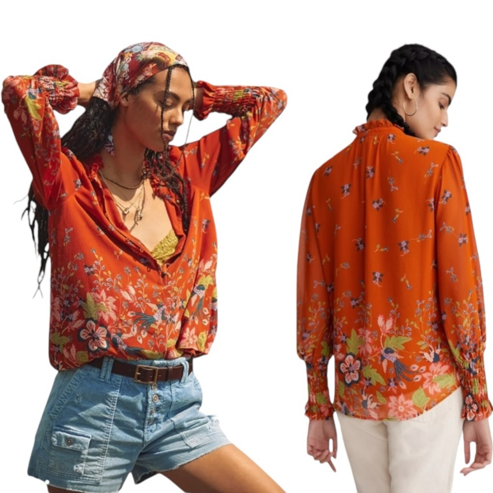 By Anthropologie Floral Chiffon Blouse size XS - Picture 14 of 15